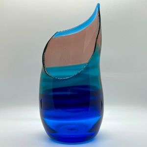 Stunning Kohomo “KOG” 9 inch Art Glass Vase Blue Turquoise and Lavender